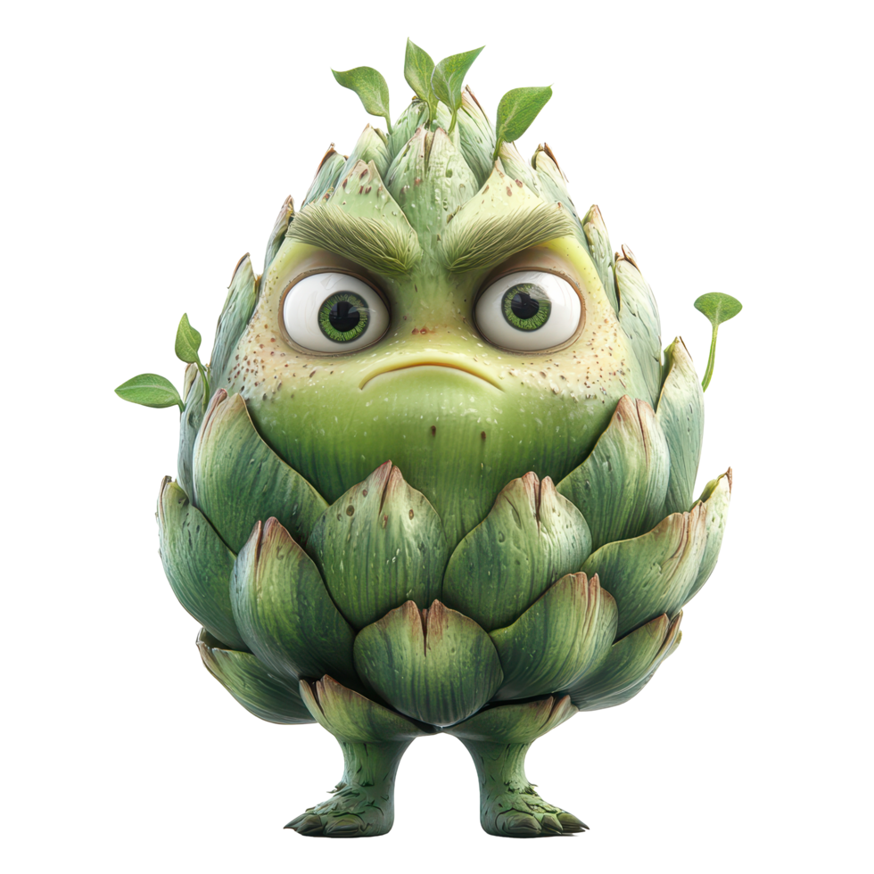 Unique character resembling an artichoke stands with a serious expression in a vibrant green setting during daytime isolated on transparent background. png
