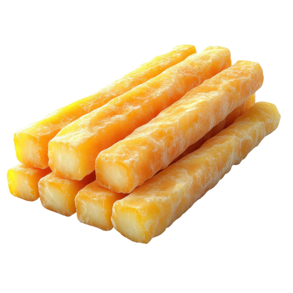 Savory cheese sticks arranged neatly on a white background, perfect for snacks or appetizers at gatherings isolated on transparent background. png