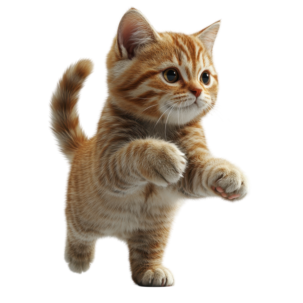 Cute orange tabby kitten playfully exploring a bright indoor space with curiosity and energy during the afternoon isolated on transparent background. png