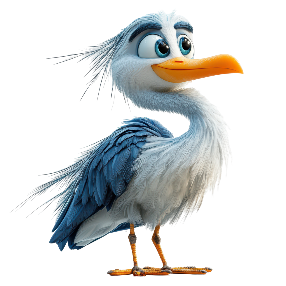 Colorful animated bird character with expressive eyes and fluffy feathers stands proudly against a plain background isolated on transparent background. png
