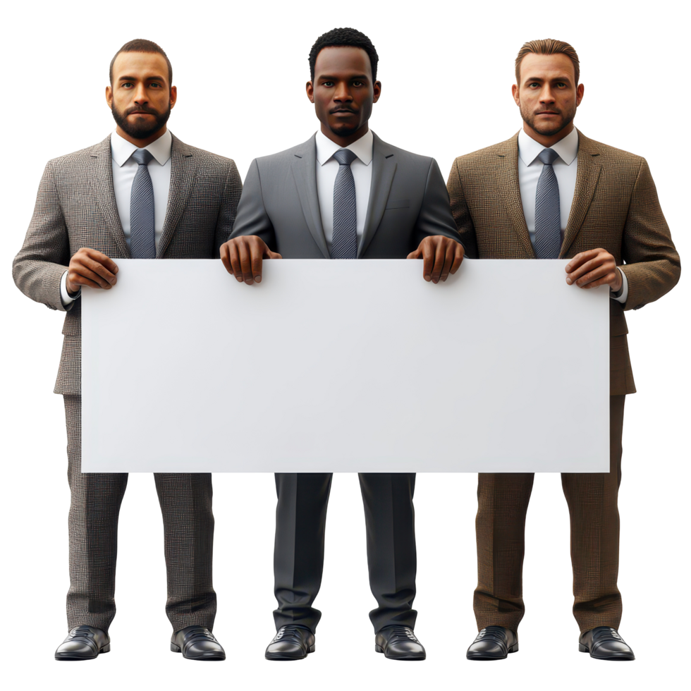 Group of men in suits holding a blank sign in a professional setting during a business meeting isolated on transparent background. png