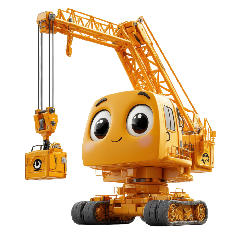 Yellow construction crane character with friendly expression operating in a bright environment isolated on transparent background. png