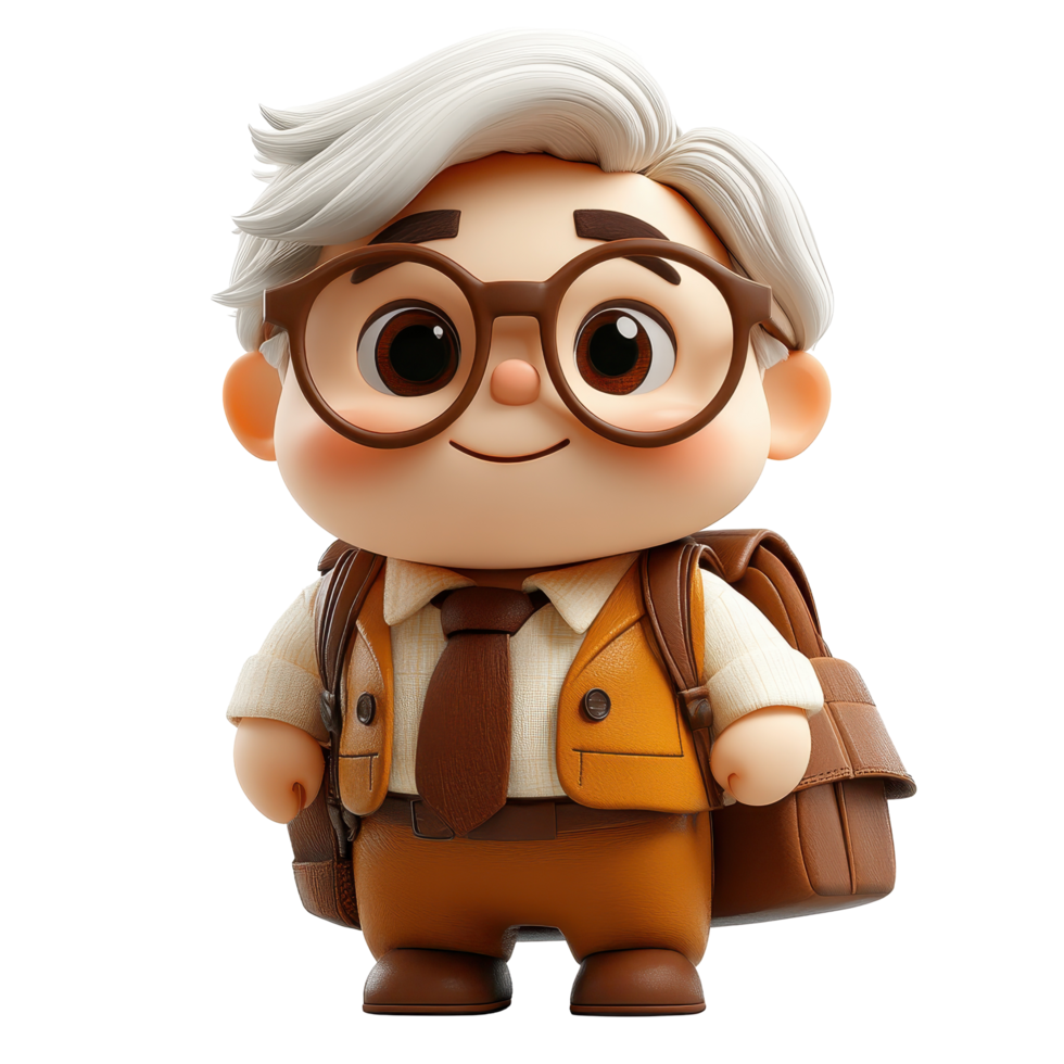 Cute animated character with glasses and brown bags in a playful pose, exuding a sense of adventure and curiosity isolated on transparent background. png