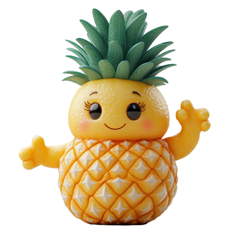 Cute pineapple character with green foliage and cheerful expression displayed against a plain background isolated on transparent background. png
