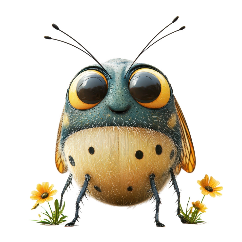 Cute cartoon insect character with big eyes surrounded by flowers in a whimsical garden setting isolated on transparent background. png