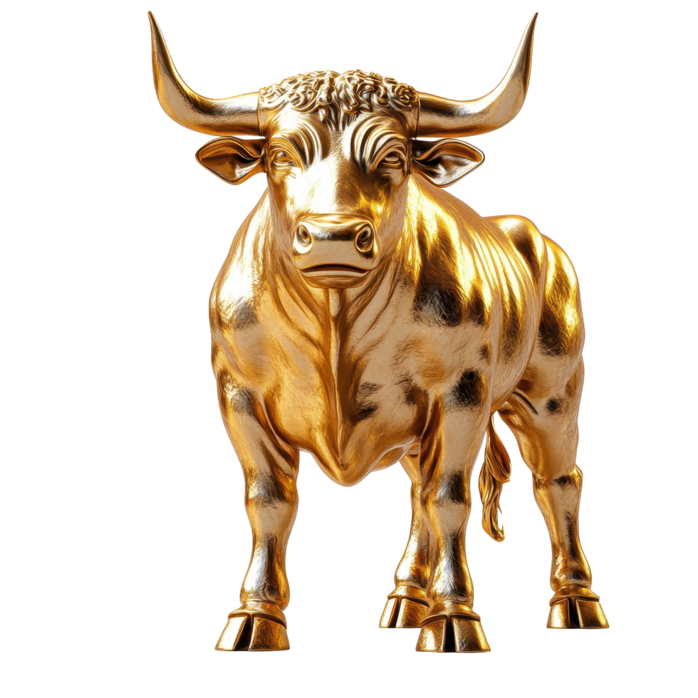 Golden bull sculpture stands proud showcasing craftsmanship in a minimalist setting isolated on transparent background. png