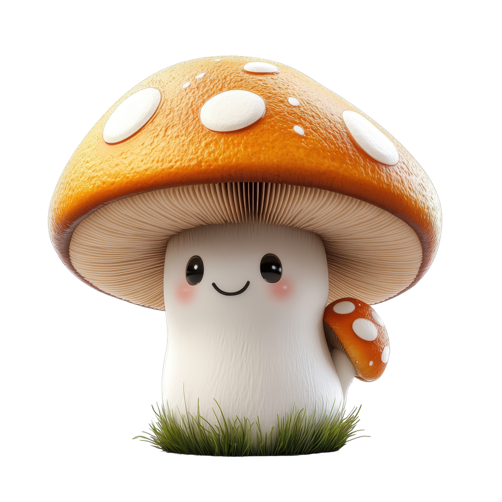 Cute cartoon mushroom with an oversized orange cap and a smiling face stands in a grassy area isolated on transparent background. png