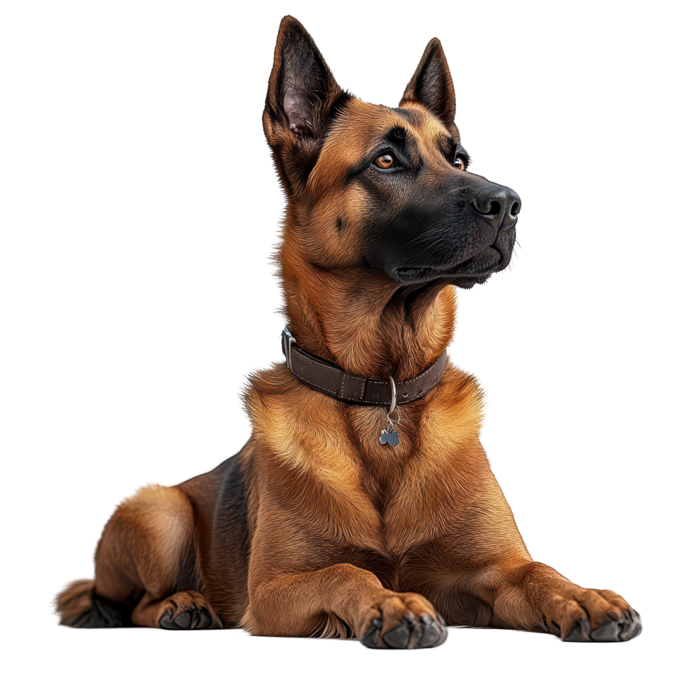 Beautiful Belgian Malinois dog laying down calmly in a bright indoor setting isolated on transparent background. png