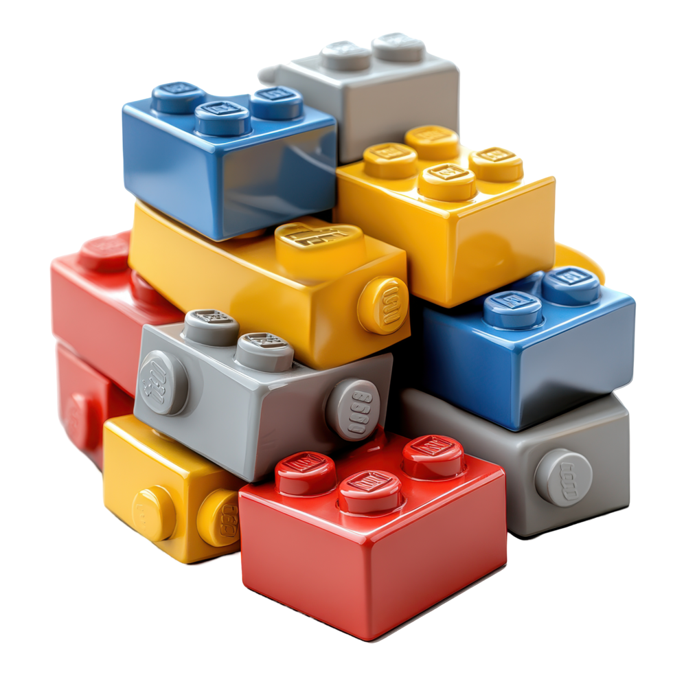 Colorful building blocks stacked creatively in different shapes and sizes on a plain background isolated on transparent background. png