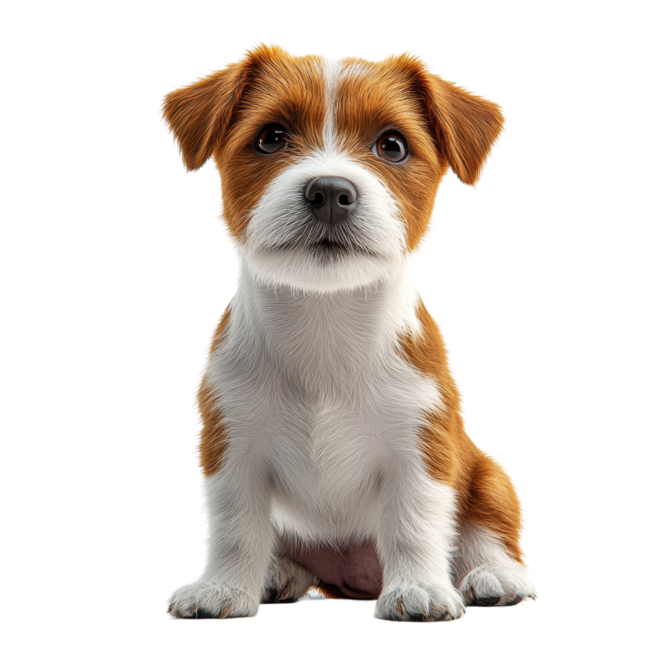 Cute brown and white puppy sitting patiently in a bright indoor space during the afternoon isolated on transparent background. png