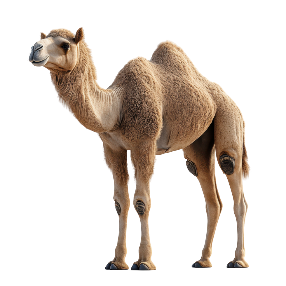 Camel standing on a white background, showcasing its distinctive features and structure in a serene pose isolated on transparent background. png