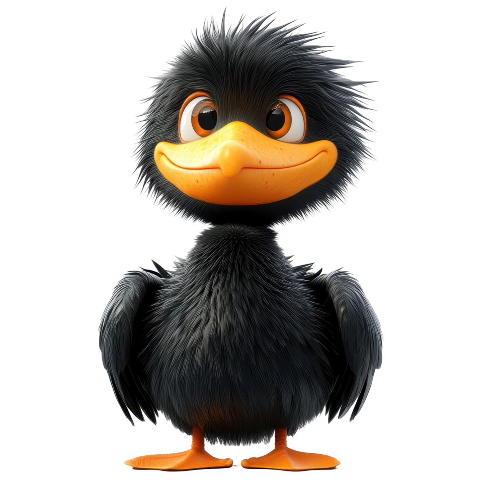 Cute cartoon bird with fluffy feathers standing confidently against a plain background isolated on transparent background. png