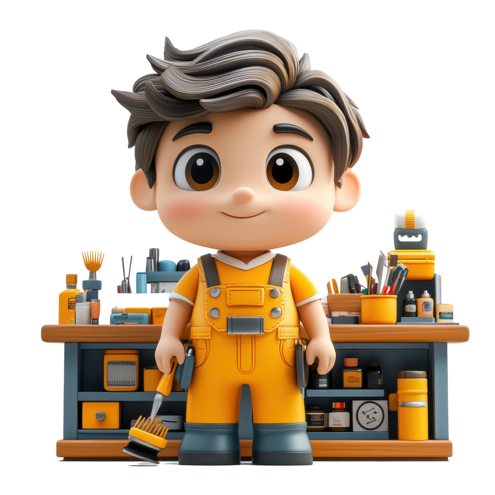 Young character wearing an orange uniform stands proudly in a workshop filled with tools and paint supplies isolated on transparent background. png
