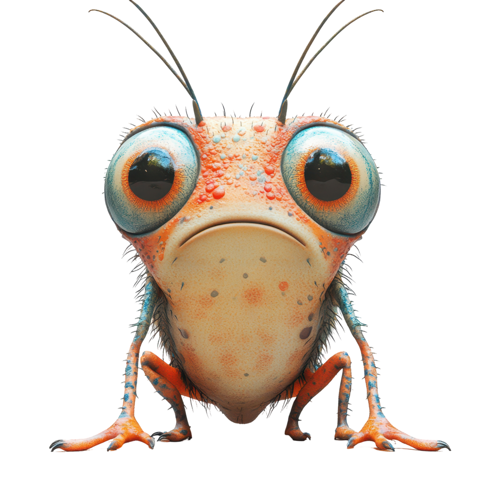 Colorful cartoon character with large eyes and unique features sits in an animated pose isolated on transparent background. png