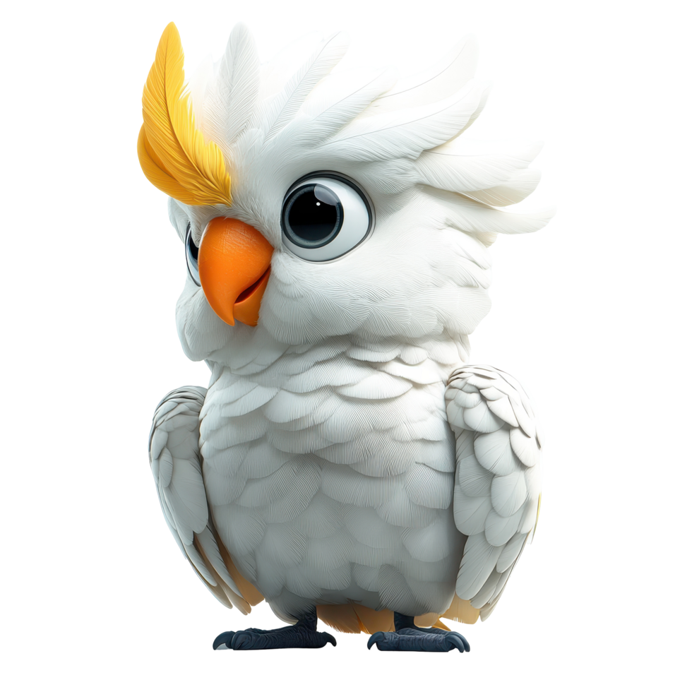Cartoon-style white bird with orange beak and yellow tuft in a whimsical pose isolated on transparent background. png