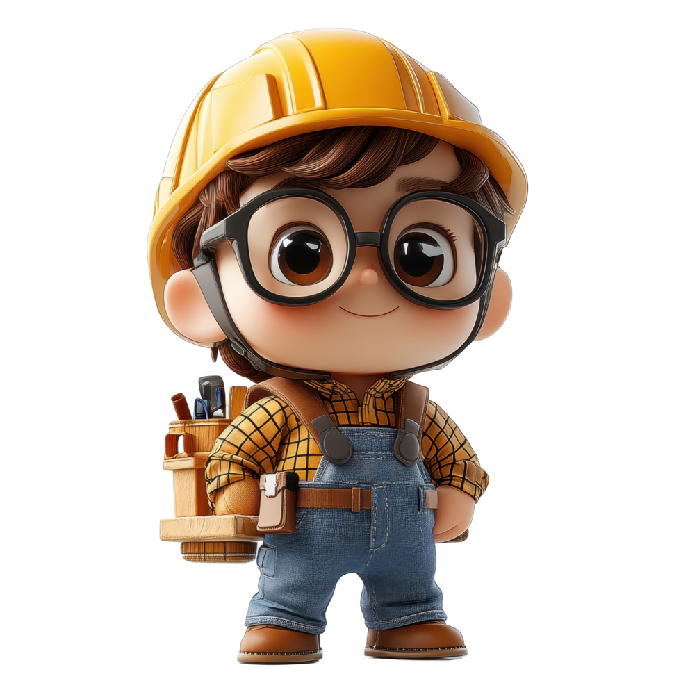 Charming cartoon character dressed as a builder with a hard hat and tools in a playful design isolated on transparent background. png