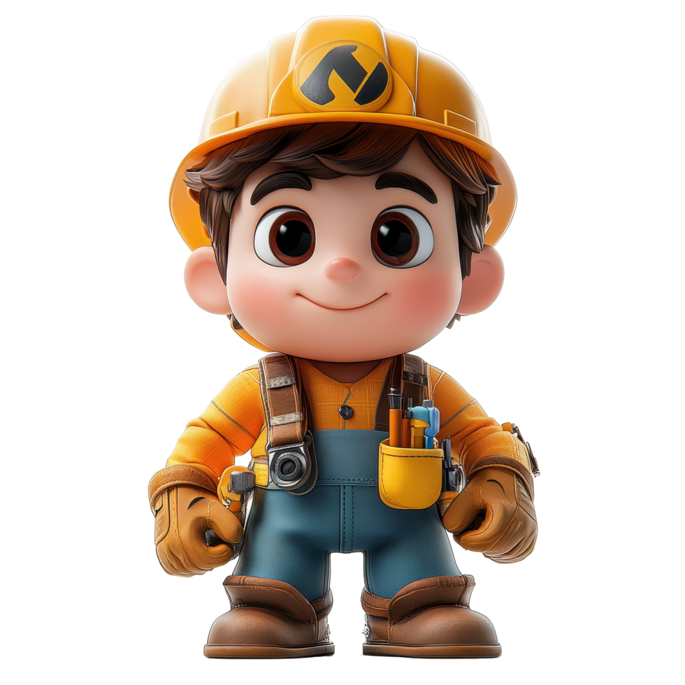 Cartoon character in construction outfit holding tools, ready for a building project in a playful setting isolated on transparent background. png