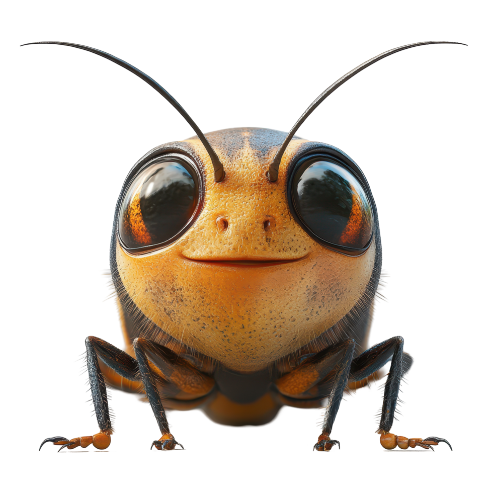 Unique close-up of a whimsical cartoon insect with large expressive eyes and a friendly smile against a white background isolated on transparent background. png
