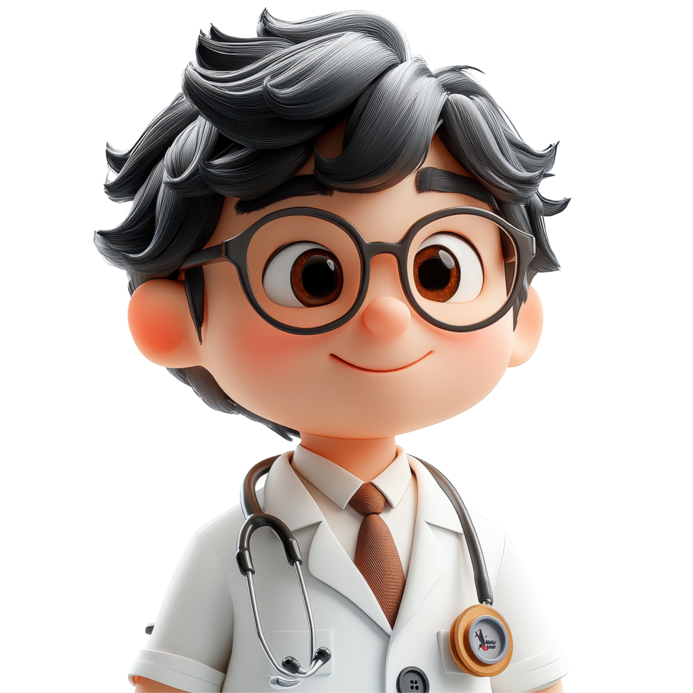 Young doctor character with glasses and stethoscope in a friendly pose ready for action isolated on transparent background. png