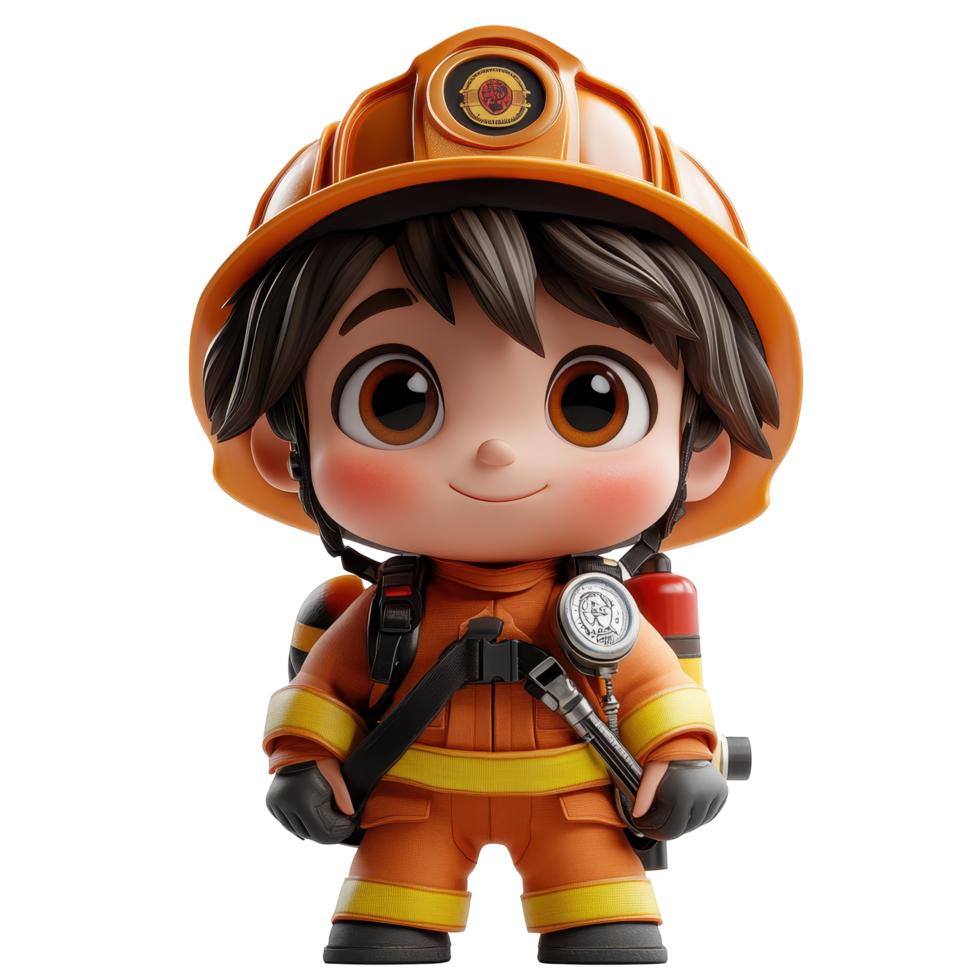 Cartoon character dressed as a firefighter with a cheerful expression and bright orange uniform isolated on transparent background. png
