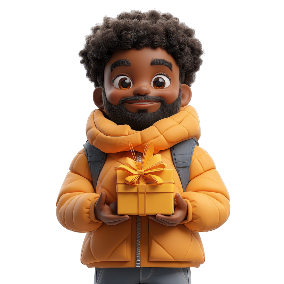 Cheerful boy in a cozy yellow jacket presenting a gift with a warm smile during a festive season isolated on transparent background. png