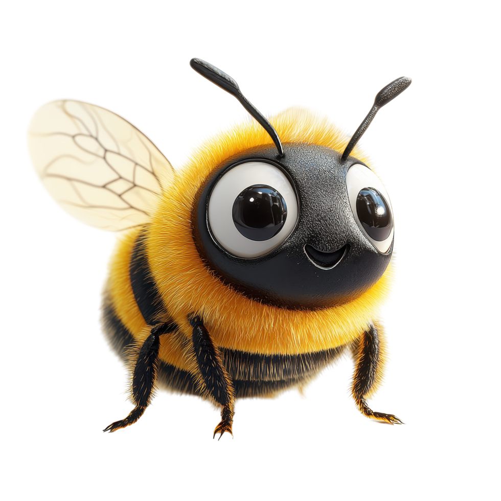 Cute cartoon bee with oversized eyes and fluffy body standing on a white background, showcasing vibrant colors and cheerful expression isolated on transparent background. png