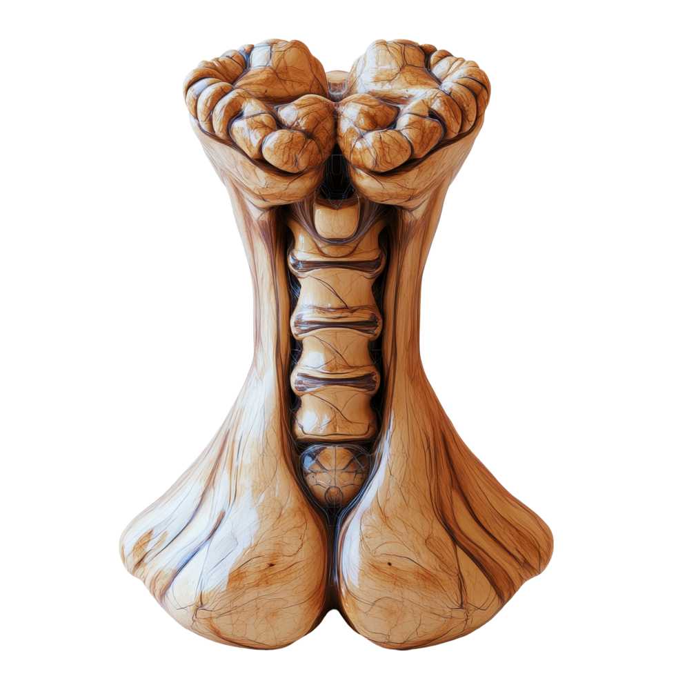 Intricately carved wooden sculpture of a spine showcasing artistic craftsmanship and natural patterns isolated on transparent background. png