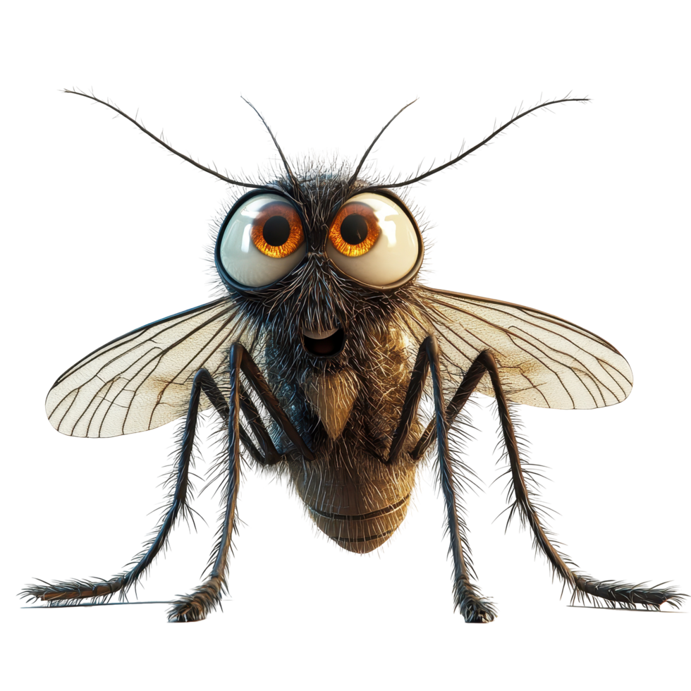 A cartoon-style animated mosquito with large eyes and fuzzy body standing on a white background, showcasing a playful expression isolated on transparent background. png