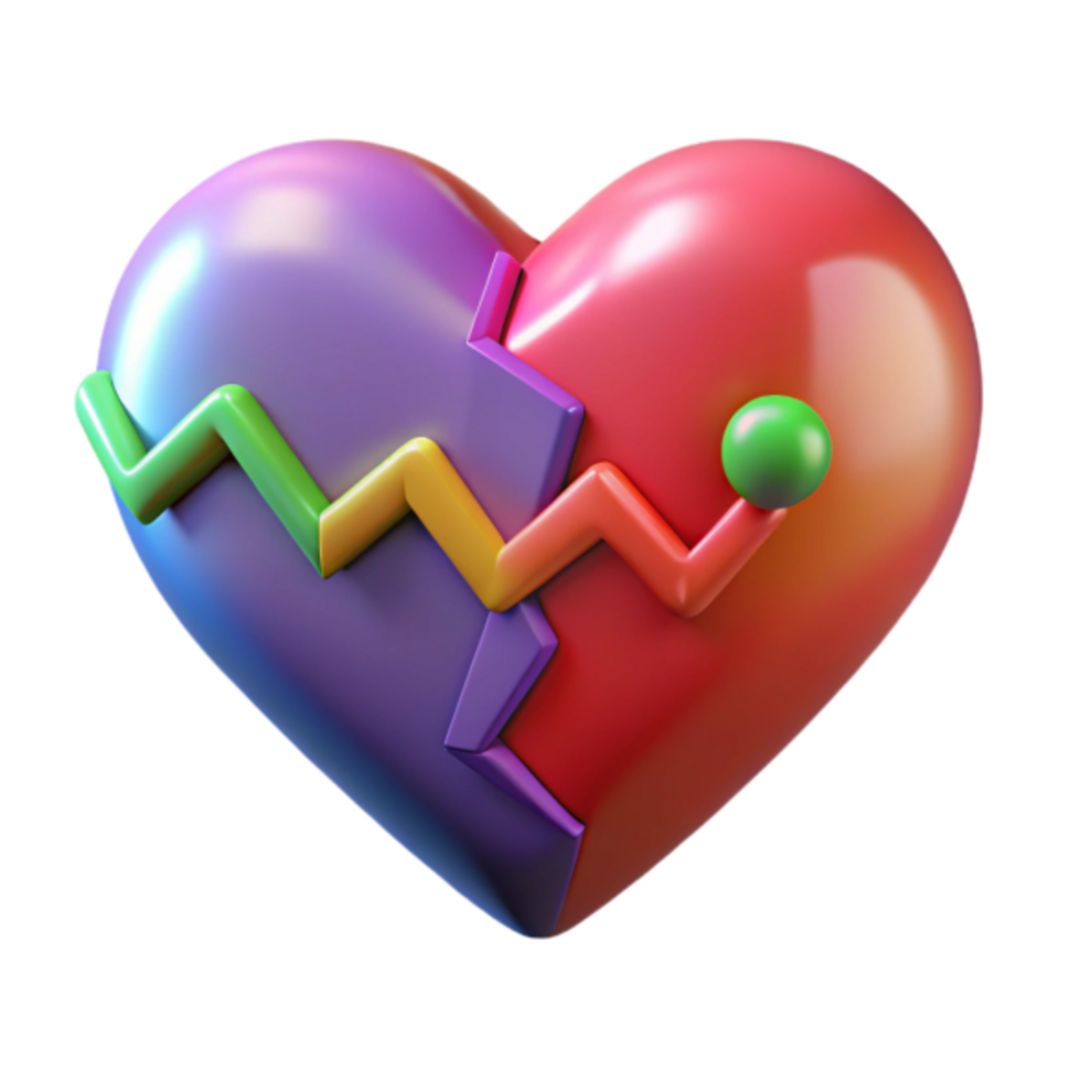 Colorful 3D Render of a Broken Heart with Rainbow Pulse png