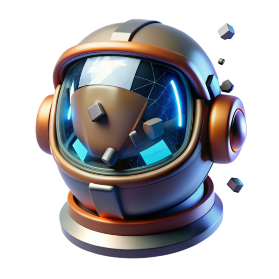 3D Render Astronaut Helmet with Broken Visor and Glowing Blue Lights, Futuristic Space Exploration Concept png