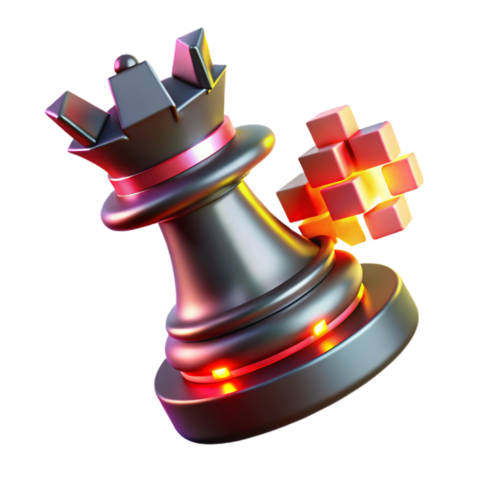 3D Render of a Metallic Chess Queen with Glowing Cube png