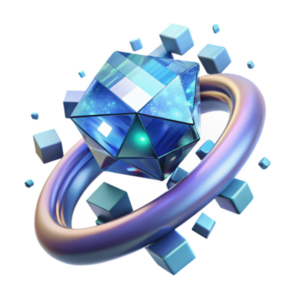 3D Render of a Blue Gemstone Orbiting a Ring with Floating Cubes png