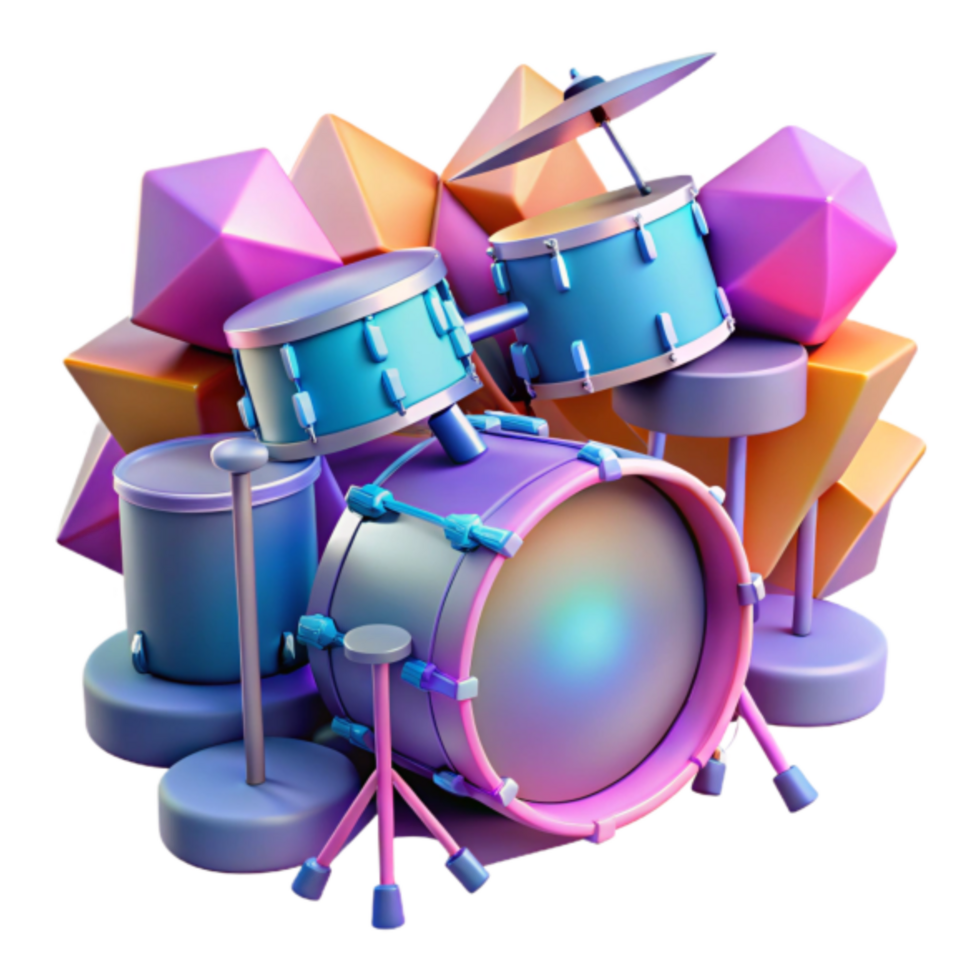 Vibrant 3D Render of a Drum Kit with Geometric Background png