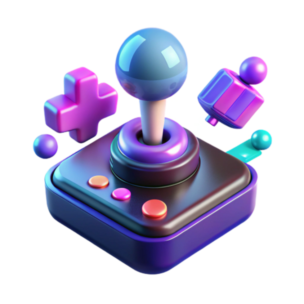 Vibrant 3D Render of Retro Joystick with Colorful Game Icons png