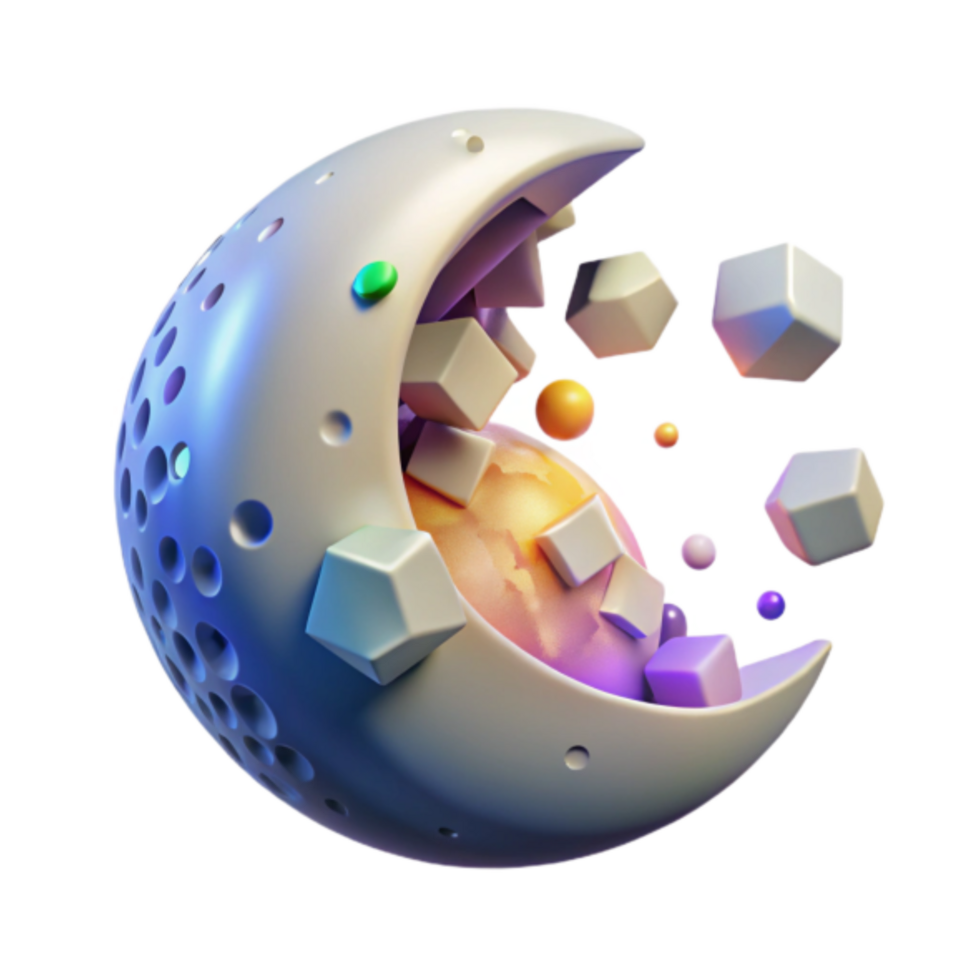Crescent Moon 3D Render Abstract Background with Exploding Cubes and Spheres png