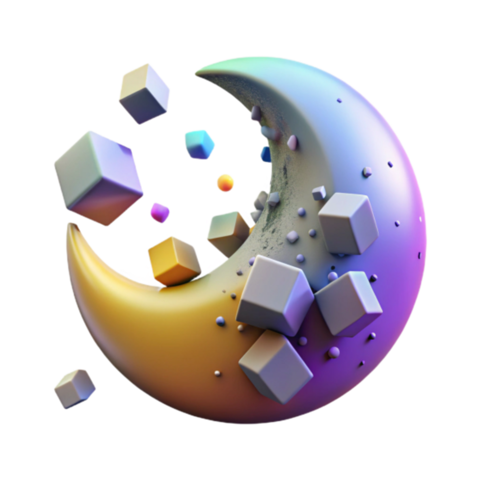 Crescent Moon 3D Render with Floating Cubes Abstract Background Image png