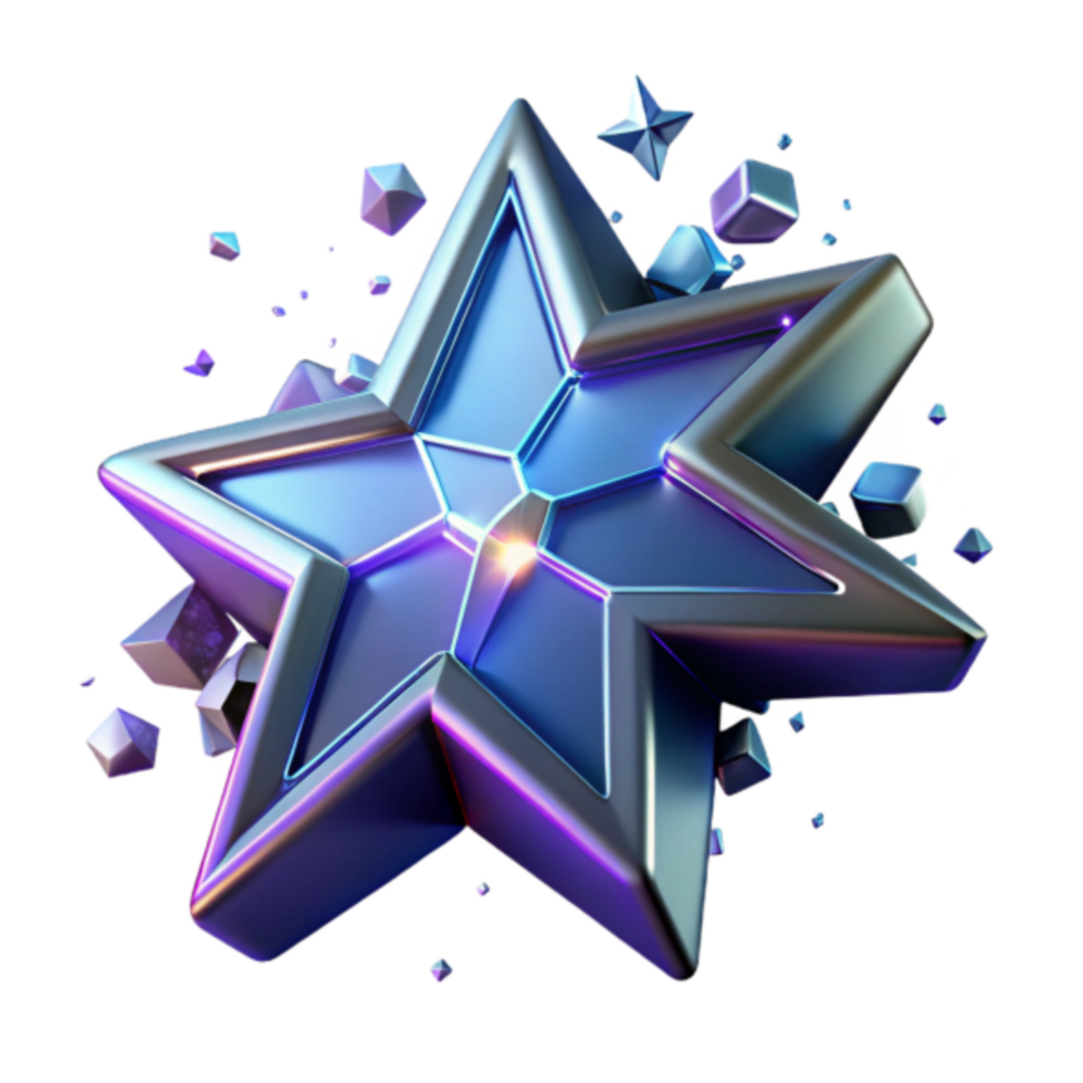 3D Render of a Shiny Starburst, Glowing Metallic Star with Crystal Fragments png