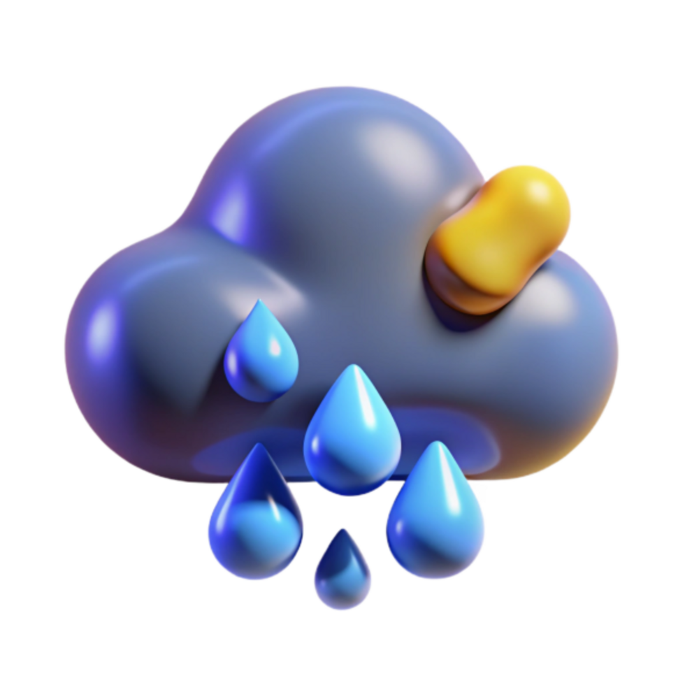 Rainy Day 3D Cloud Illustration - Vivid Blue Raindrops and Golden Sunburst png