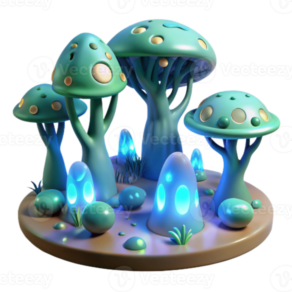 Enchanted 3D Mushroom Forest Illustration Glowing Fungi, Fantasy Landscape png