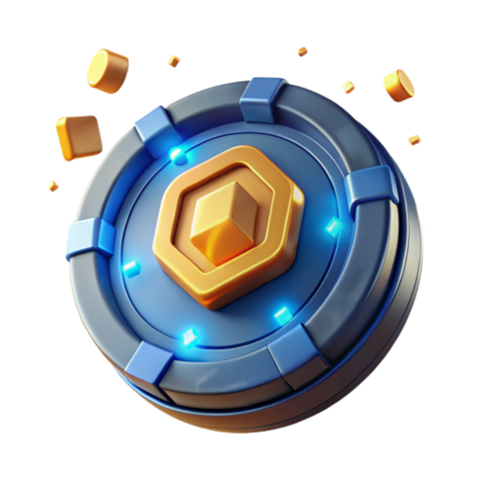 3D Render Blue and Gold Token Icon, Game Asset, Virtual Currency, Digital Coin, Abstract Background, Glowing Hexagon, Futuristic Design png