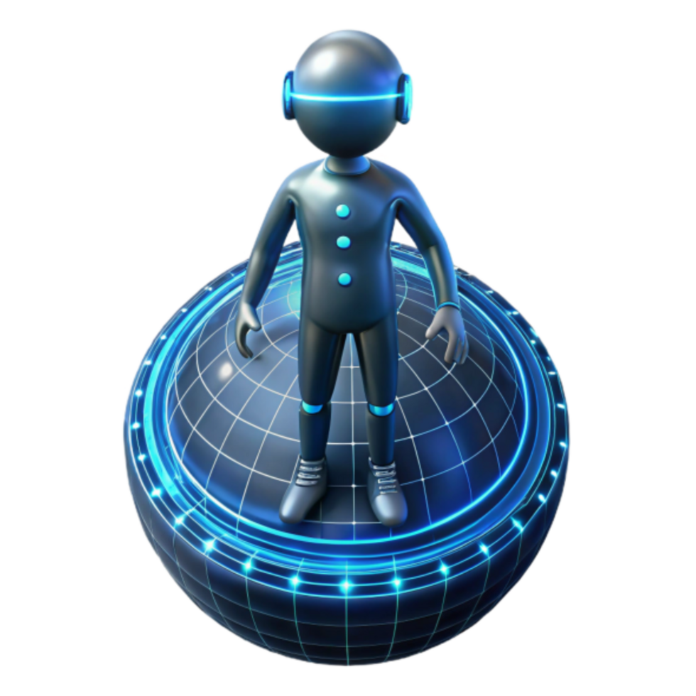 3D Render Futuristic Robot on a Global Network Sphere Illustration png