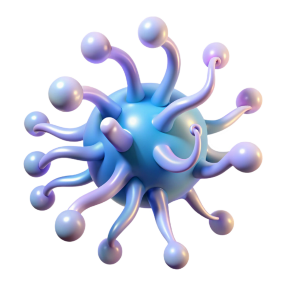 3D Render of a Microscopic Virus, Abstract Cell Structure, Blue and Purple Viral Particle Illustration png