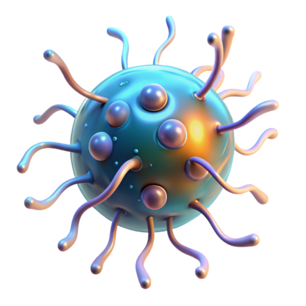 3D Illustration of a Microscopic Virus Particle, Vivid Cellular Structure, Infectious Agent, Biomedical Research, Healthcare, Science, Medical Illustration, Pathogen, Microbiology, Viral Infection png
