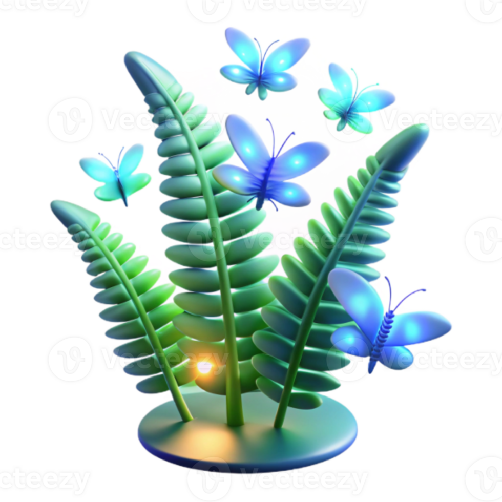 Vibrant 3D Render of Glowing Butterflies on Lush Fern png