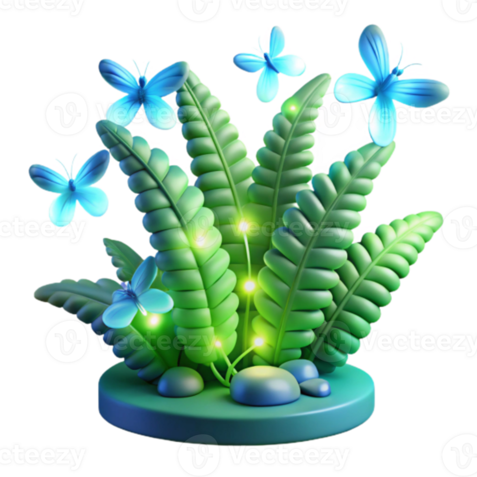 Enchanted 3D Render of Glowing Fern and Butterflies png