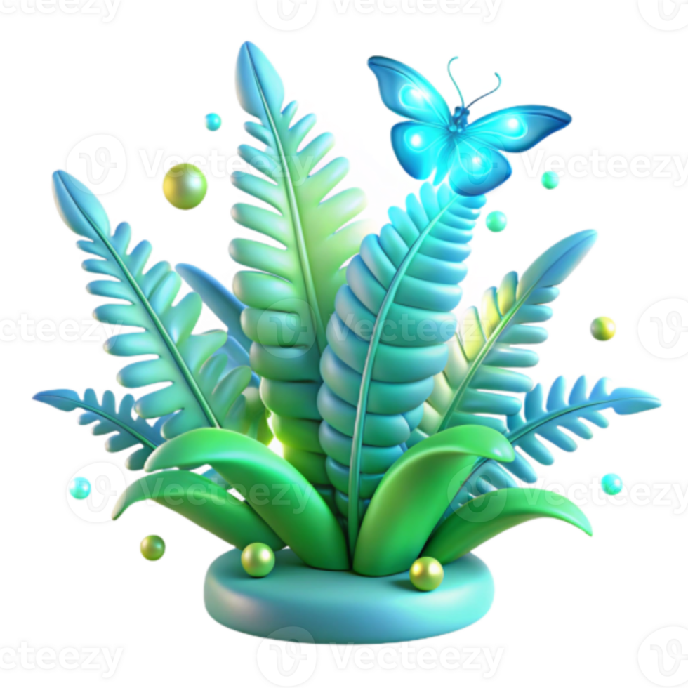 Vibrant 3D Render of Tropical Foliage with Glowing Butterfly png