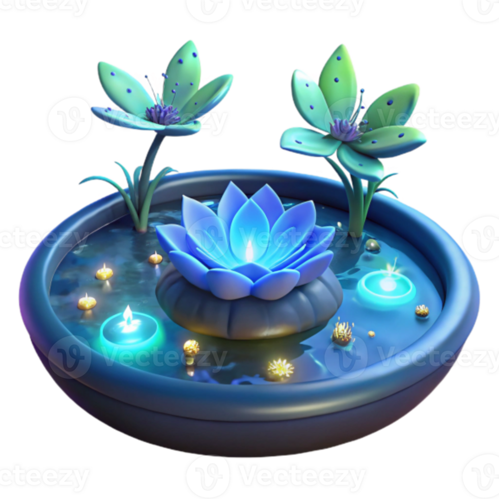 3D Render of Serene Lotus Pond with Glowing Flowers and Candles png