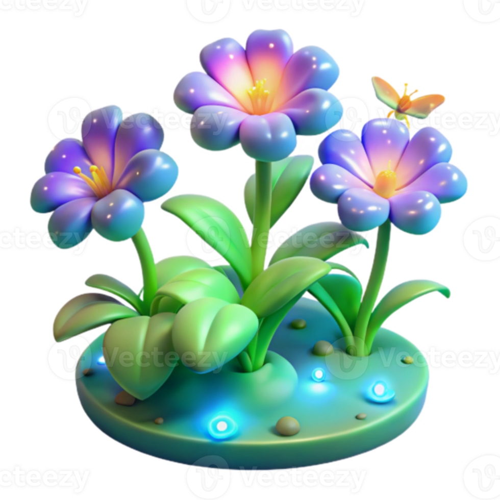 Enchanted 3D Flower Garden Illustration with Glowing Lights and Butterfly png