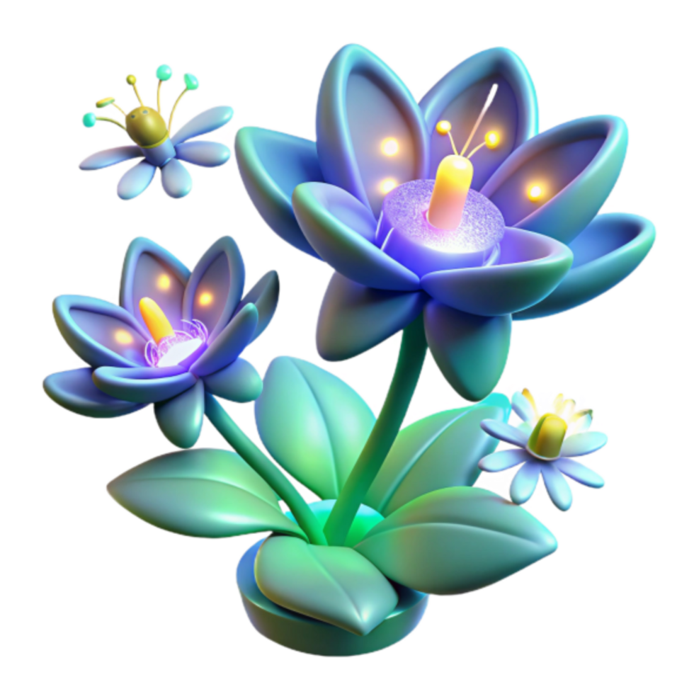 Luminous 3D Floral Illustration Glowing Flowers Teal Green Leaves Fantasy Plant png