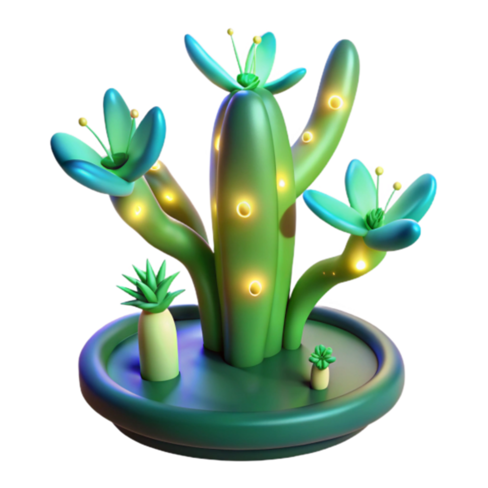 Luminous 3D Render of a Cactus with Flowers in a Pot png